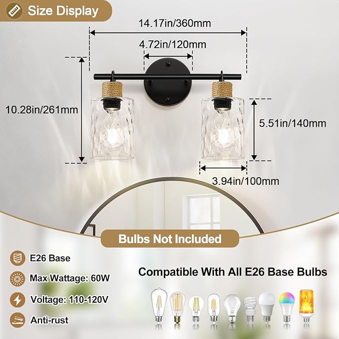 Bathroom Light Fixtures, 2-Light Coastal Vanity Lights with Crystal Glass Shade, Black Bathroom Wall Lamp for Mirror Kitchen Hallway Cabinet