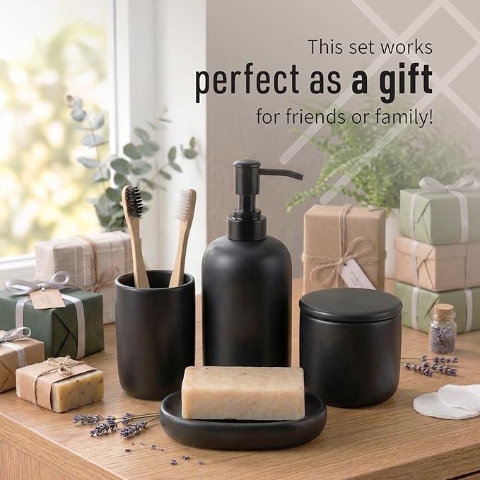 Ceramic Bathroom Accessories Set 4 Pcs – Modern Scandinavian Neutral Bathroom Soap Dispenser Set with Toothbrush Holder, Soap Dish & Cup – Minimalist Bathroom Accessory Set Decor - Black