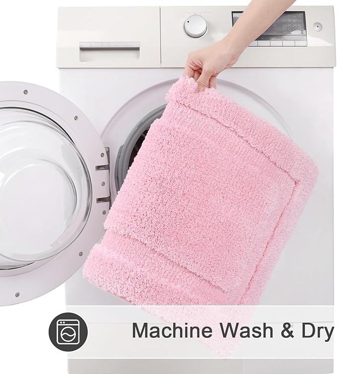 SHACOS Pink Bathroom Rugs Sets 2 Piece 47x20 + 32x20 inch, Non Slip Bath Mat Microfiber Washable Bathroom Rugs, Soft Fluffy Water Absorbent Bath Mats
