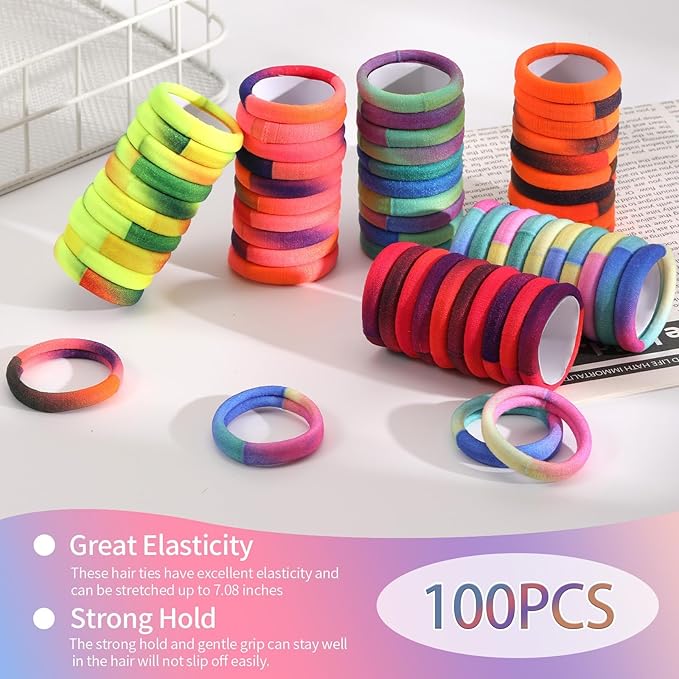 Bessrung 100 PCS Seamless Hair Ties, No Damage Elastic Hair Ties for Women Girls, Strong Hold No Slip Hair Bands, Soft Stretchy Ponytail Holders for Thin Thick Hair(Rainbow Color)