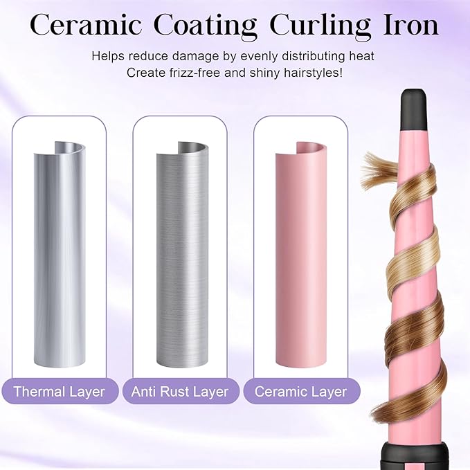 Hair Curling Wand, 0.5-1Inch Tapered Curling Iron, Professional Ceramic Hair Curler Wand with Heat-Resistant Glove, Dual Voltage (Pink)