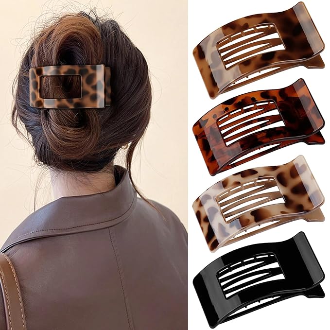 4 PCS Flat Hair Clips for Women Girls, French Square Lay Down Claw Clips for Thick Thin Hair, Comfortable Curved Large Flat Clip, Leopard Print Stylish Strong Hold Hair Accessories, Tortoise