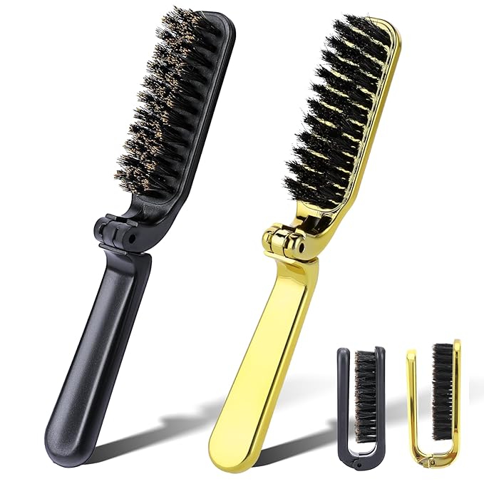 Foldable Boar Bristle Hair Brush, 2 Pcs Travel Folding Collapsable Pocket Size Brush for Women, Anti-Static Range Styling Tool Mini Beard Brush for Men (Black & Gold)