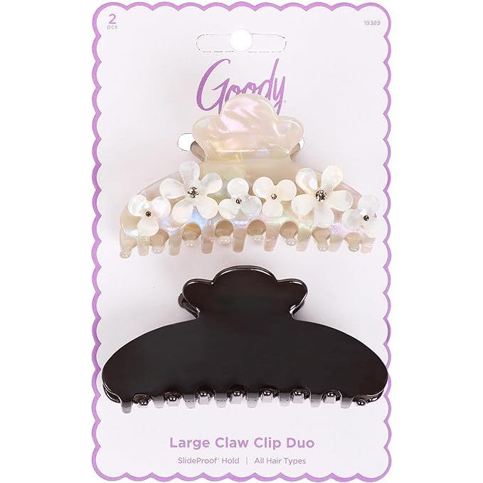 Goody SlideProof Large Claw Clips, Stylish, Secure Grip Hair Clips, Styling Accessories for All Occasions and All Hair Types, Gifts for Women & Girls, Gray Flowers and Black, 2 Ct