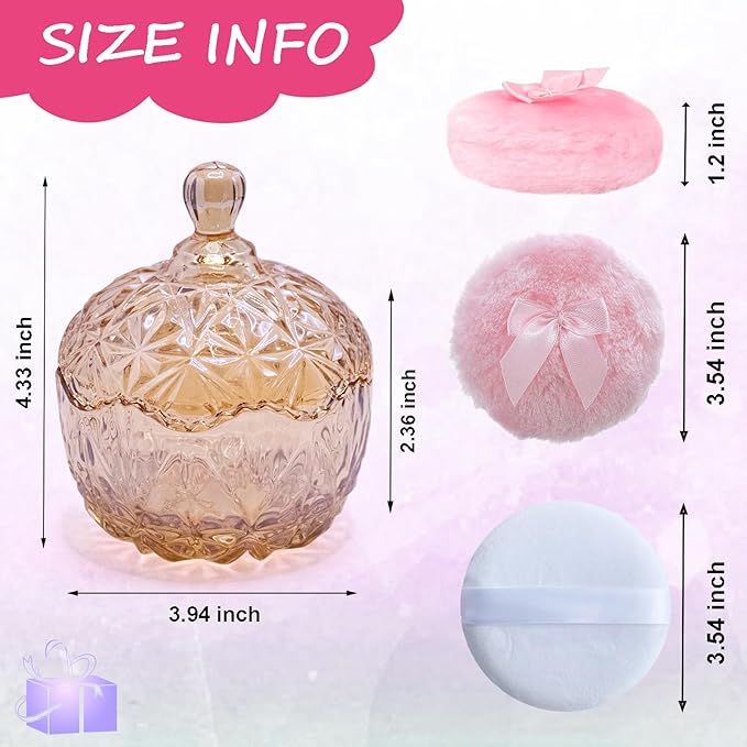 5 Pieces Large Body Powder Puff and Powder Container, Crystal Case for Dust Puff, Powder applicator with Box for Face and Body (Amber, Crown)