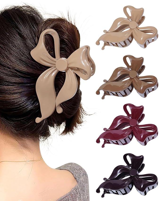 Mesovor 4 pack Cute Bow Claw Clip for Women, Nonslip Large Matte Strong Hold Bows Hair Clips for Thin and Thick Hair | Chic Hair Styling Accessories (Glossy Cherry, Brown)