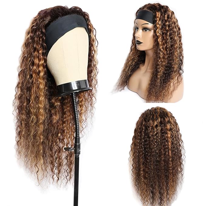 Aiterina Headband Wig deep wave human hair wigs for Black Women Brazilian Remy Hair Glueless Non Lace Front Wig Wear and Go Wigs Machine Made 150% Density (12 inch, 4/27 Highlight)