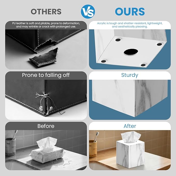 2 Pack Marble Tissue Box Cover, Square Acrylic Tissue Holder, Decorative Facial Tissue Box Vessel Cube Paper Organizer Dispenser for Bathroom Office, Night Stand, Desk, Car, Vanity, Countertops