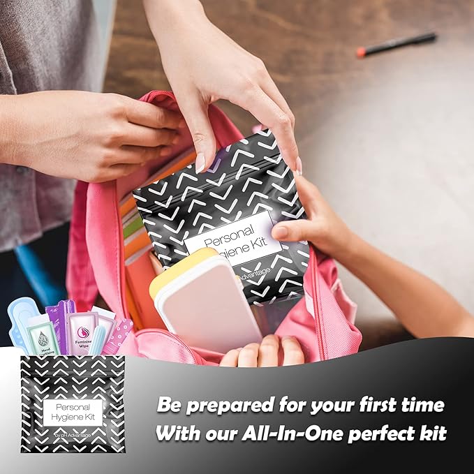 Menstrual Kit All-in-One 10 Pack | Convenience on The Go | Period Kit Pack for Travelling, Tweens & Teenager | Individually Wrapped Feminine Hygiene Product (Black Treads)