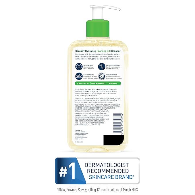 CeraVe Hydrating Foaming Oil Cleanser,Moisturizing Oil Cleanser for Face & Body,Squalane-Oil + Hyaluronic Acid + Ceramides,For Dry to Very Dry Skin,Fragrance Free & Residue Free,19 FL Oz,(Pack of 2)