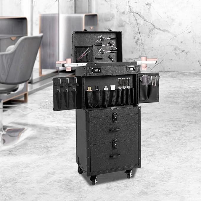 Beauty Salon Luggage With Metal Universal Wheel, Makeup Rolling Train Case, 32 In-Retro Travel Organizer Tool Box with Combination Locks for Stylist, Beauty, Makeup Artist (Black)