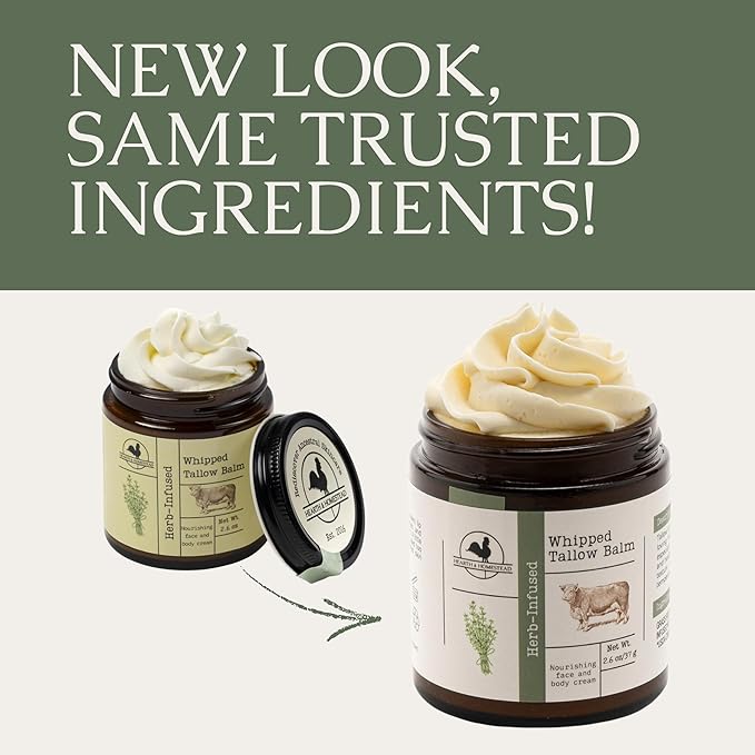 Hearth and Homestead: Handmade Whipped Tallow Balm (Herb-Infused/Unscented) - Large Jar - 2.6 oz