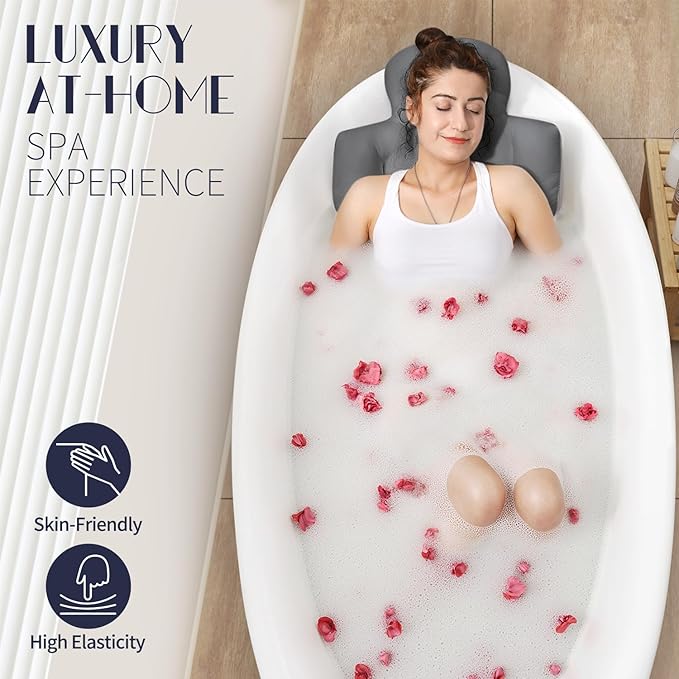Full Body Bath Pillow for Bathtub, Thick Bathtub Cushion with Laundry Bag, Luxury Tub Pillow for Bath for Headrest Neck and Back Support Gray 56" x 16"