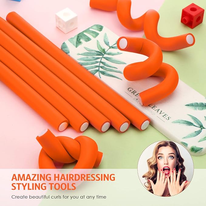 Syhood 30 Pcs Flexible Curling Rods 9.45 Twist Foam Rollers Soft Foam No Heat Hair Rods Rollers and 1 Steel Pintail Comb Rat Tail Comb for Women Long Short Hair(Orange,9.45 x 0.71 Inch)