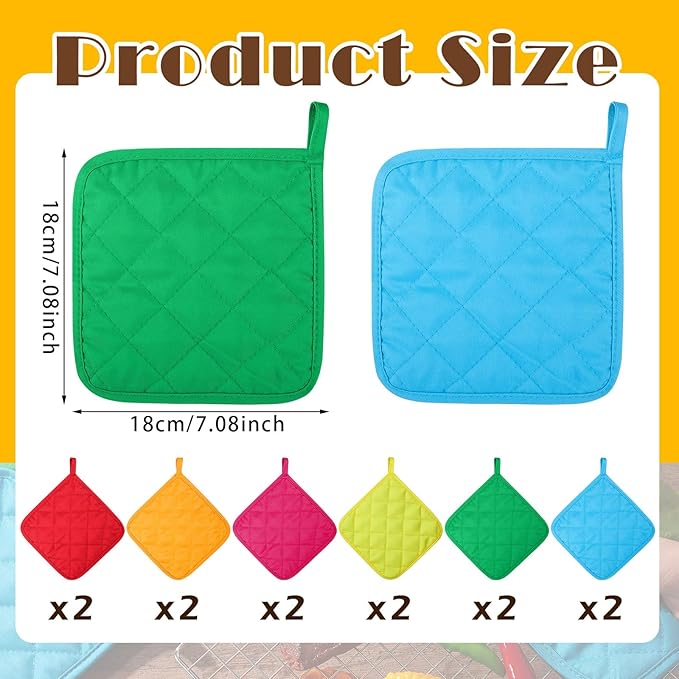Bokon 12 Pcs Pot Holders for Kitchen, Multicolor Potholders Sets, Heat Resistant Cotton Hot Pad Oven Mitts Trivet with Hanging Loops for Baking Cooking