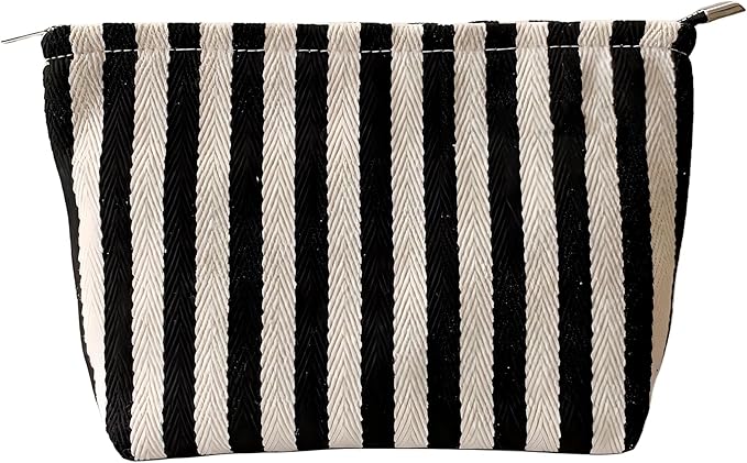Makeup Bag for Women, Striped Makeup Bag, Travel Makeup Pouch for Purse, Canvas Cosmetic Bag with Zipper lining , Small Travel Pouch for Toiletry, Sunscreen, Sunblock, Hygiene, Skincare, Medicine