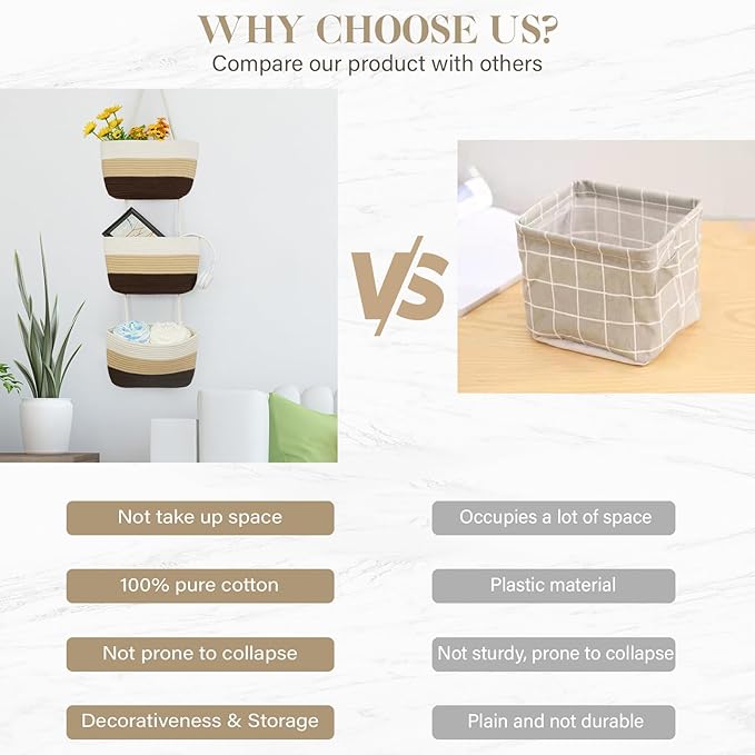 TeoKJ Over the Door Hanging Baskets, 3-Tier Woven Cotton Storage Organizer Bag Decorative Nursery Kitchen Baskets，Gradient Brown