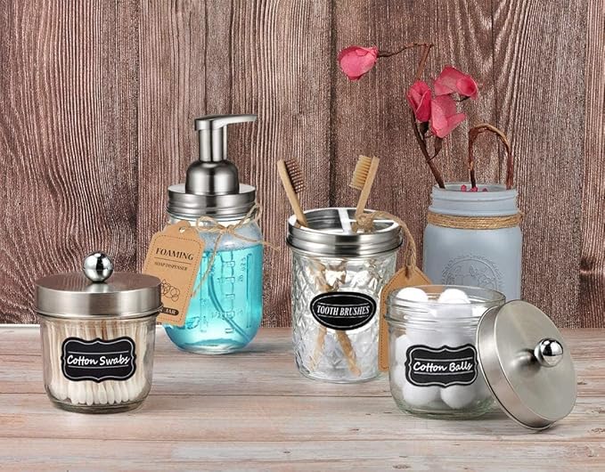 Amolliar Mason Jar Foaming Soap Dispenser Pump, Refillable Plastic Pump, Rustproof Stainless Steel Lid for Regular Mouth Jar, Cute Farmhouse Decor, Soap for Bathroom, Kitchen, Brushed Nickel 4 Pack