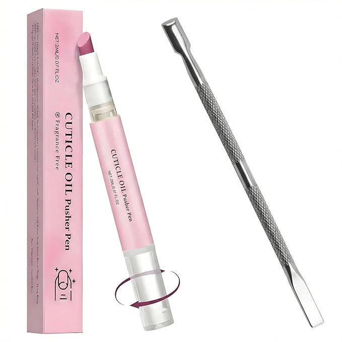 Ceramic Cuticle Pusher & Nail Oil Pen, 2-in-1 Nail Care Tool for Sensitive or Damaged Nails, Gentle Hangnail Remover, Portable Nail Pen with Stainless Steel Cuticle Cleaner (Pink)