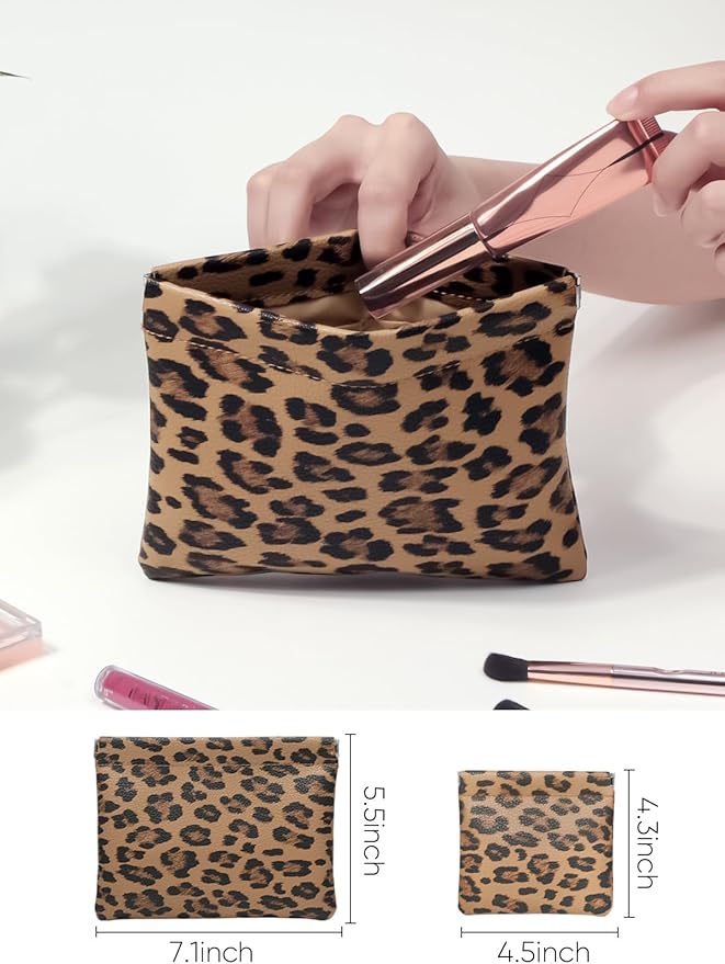 2 Leopard Leather Small Makeup Pouches Set for Women,Cosmetic Accessories,Waterproof and Portable Cosmetic Bags,Self-closing,No Zipper, Aesthetic Storage Pouch,Lipstick for Purse, Brown