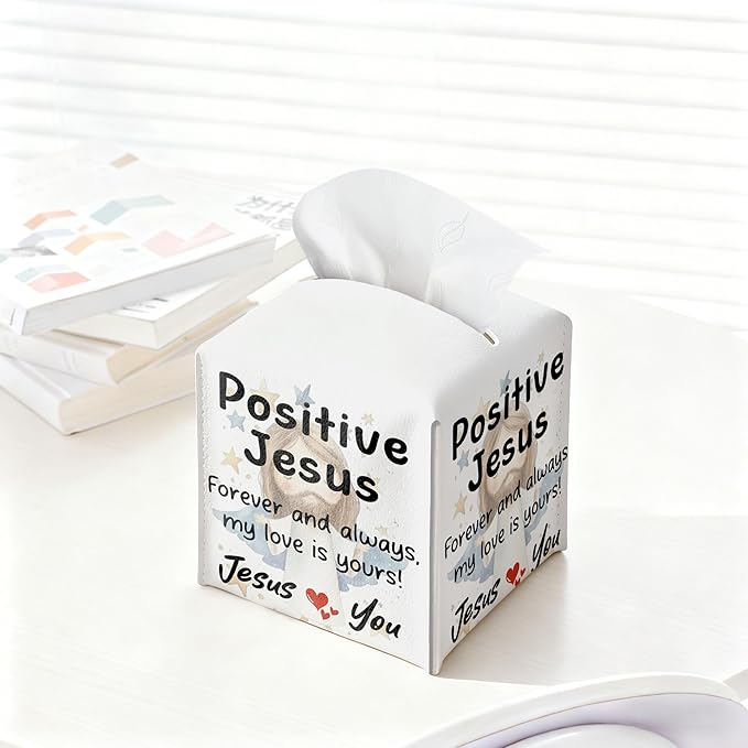 Positive Jesus Tissue Box Cover Square, Catholic Religious Waterproof Leather Tissue Box Holder, Jesus Paper Facial Tissue Box Covers Cube for Office Bathroom Home Prayer Room and Car Decor