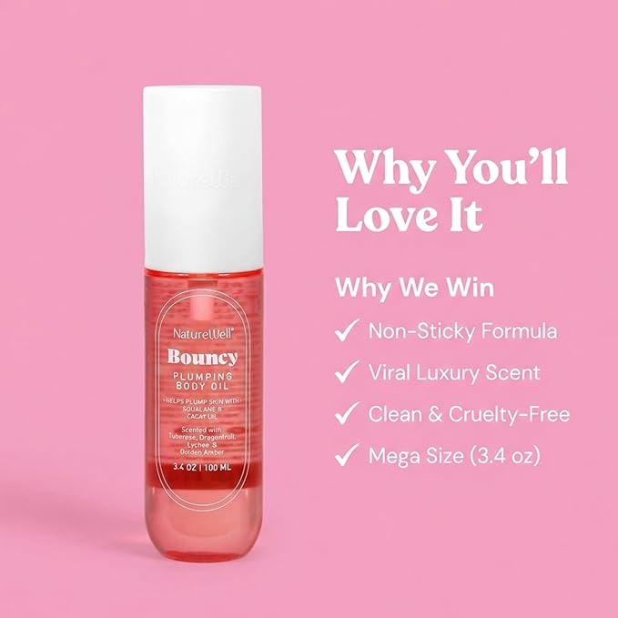NATURE WELL Bouncy Plumping Body Oil, Fast-Absorbing Formula Designed to Support Skin Elasticity, Smoothness, & Bounce, Scented with Tuberose, Dragonfruit, Lychee & Golden Amber, 3.4 Oz