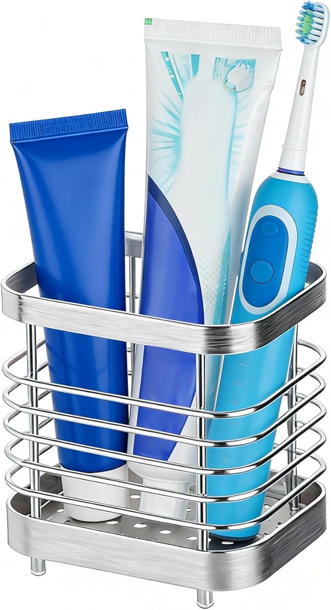 MYITYARD Toothbrush Holder for Bathroom, Stainless Steel Ventilated Electric Toothbrush & Toothpaste Holder, Modern Metal Bathroom Toothbrush Organizer, Bathroom Accessories, Silver