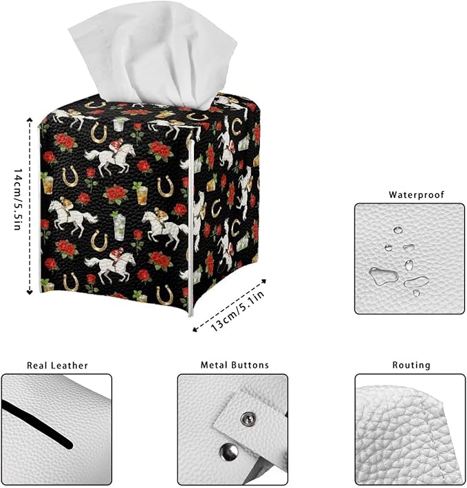 Rose Racing Horse Decorative Tissue Box Cover, Waterproof PU Leather Square Holder with Metal Button, Protective Napkin Case for Bathroom Countertop, Office Desk, and Car Interior