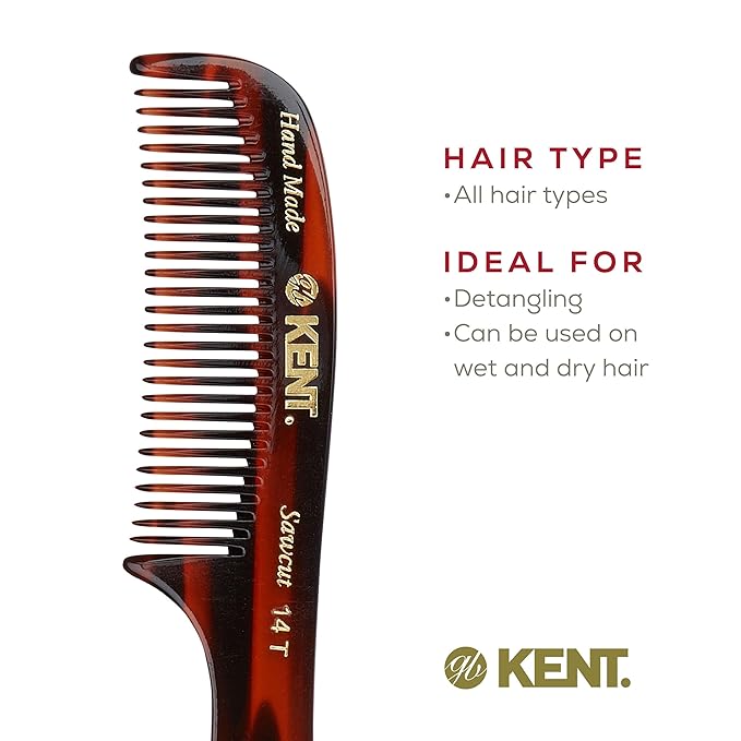 Kent 14T Tortoise Large Detangling Comb, Wide Teeth for Long Thick Curly Wavy Hair. Hair Detangler Comb For Wet and Dry. Saw-Cut from Cellulose and Hand Polished, Handmade in England