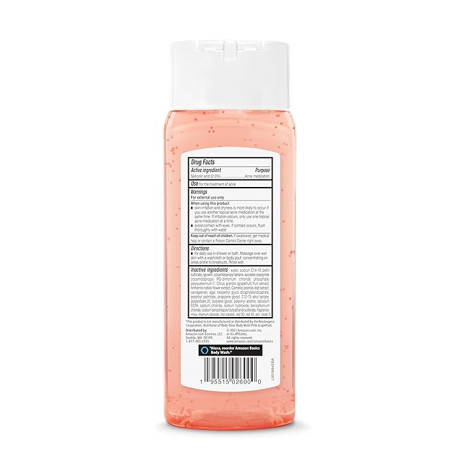 Amazon Basics Clarifying Pink Grapefruit Body Wash, 2% Salicylic Acid Acne Treatment, Foaming, Refreshing, Prevents Breakouts, Dermatologist Tested, 8.5 fl oz, 4-Pack (Previously Solimo)