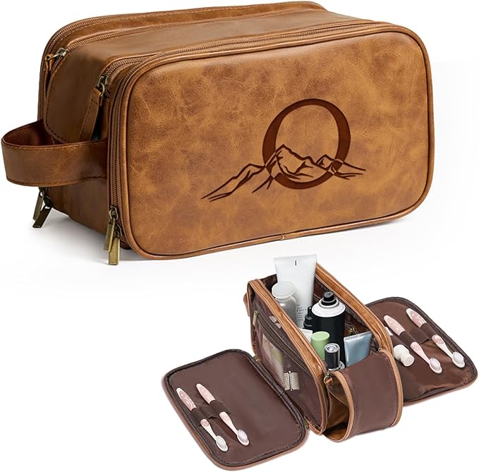 Janhavi Large Travel Essentials Toiletry Bag, Waterproof PU Leather Initials & Mountain, Groomsmen Gifts, Men's Accessories Organizer, Travel Bags for Men, Gifts for Men (Brown O)
