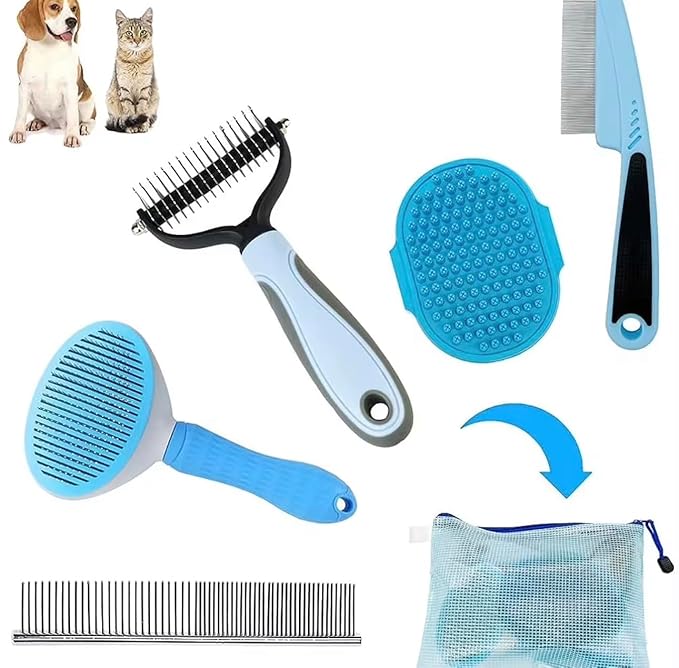 Loving PETS 6-in-1 Dog Grooming Kit - Self Cleaning Slicker Brush, Dematting Rake, Steel Comb, Flea Comb & Bath Brush - Professional Pet Grooming Set with Storage Bag for Dogs & Cats (Blue)