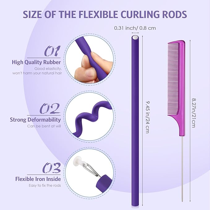 Syhood 30 Pcs Flexible Curling Rods 9.45 Twist Foam Rollers Soft Foam No Heat Hair Rods Rollers and 1 Steel Pintail Comb Rat Tail Comb for Women Long Short Hair(Purple,9.45 x 0.3 Inch)