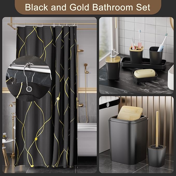 Black and Gold Bathroom Accessories Set - 24PCS with Shower Curtain, Rugs, and Waterproof Curtain Set