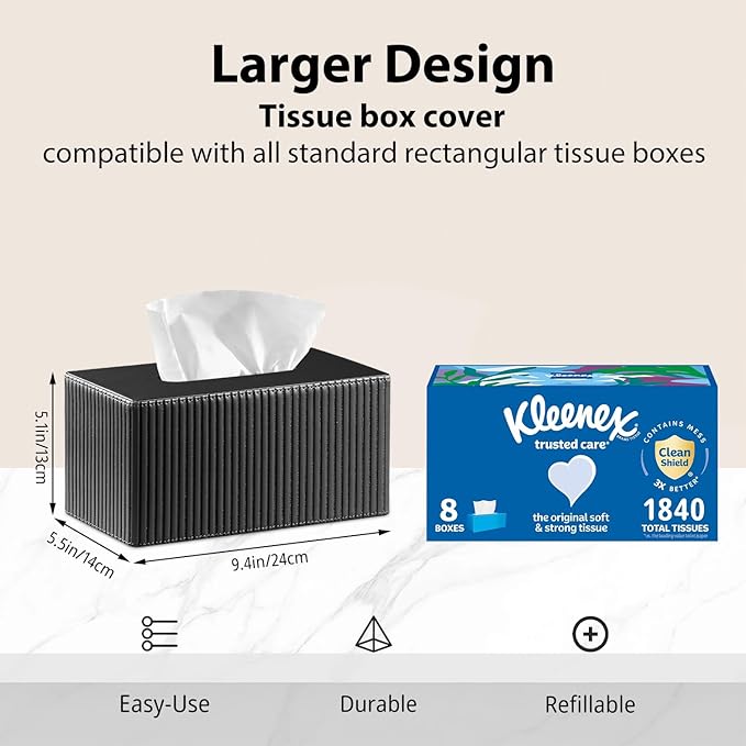 Fanousy Large Tissue Box Cover Rectangular with Bottom Belt, Fits 230-Count Kleenex, Modern PU Leather Facial Tissue Dispenser Holder for Bathroom Vanity, Nightstand, Bedroom, Office, Home Decor