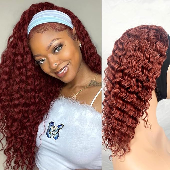 XSY Headband Wig Human Hair Curly Reddish Brown 150% Density Brazilian Virgin Hair #33 Red-Brown Deep Wave Headband Wig Glueless None Lace Front Wig 18 Inch