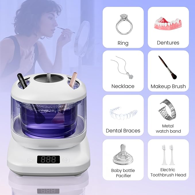 Ultrasonic Jewelry Cleaner with Detachable Tank – 42kHz Deep Cleaning for Rings, Necklaces, Makeup Brushes,4 Modes with U-V, Quiet Operation, IPX7 Waterproof – Also Ideal for Retainers & Dentures