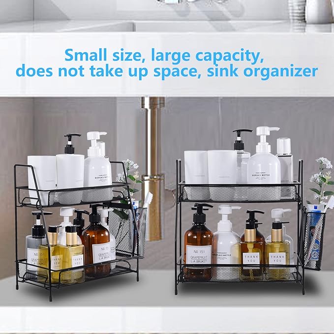 LEMIKKLE 2-Tier Bathroom Countertop Organizer,Skincare, Makeup Countertop Organizers, Kitchen, Bathroom Counter Storage with Small Basket (Black)