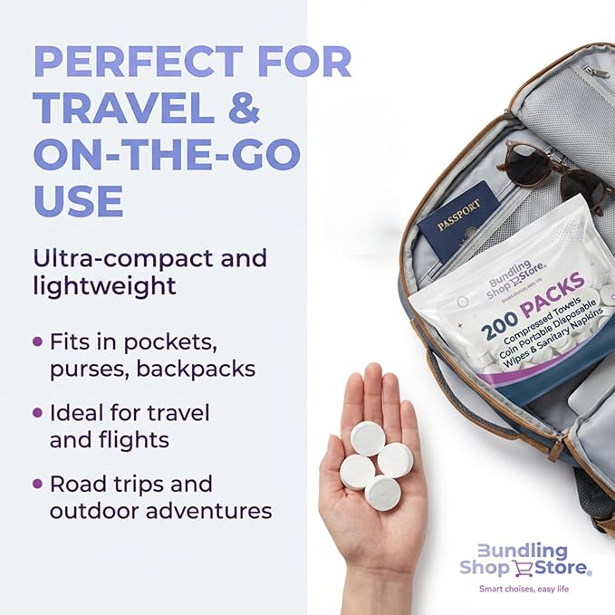 Compressed Towels Coin|Portable Disposable Wipes & Napkins Suitable for Travel, Camping, Hotels, Hygienic Compact Towels for On-the-Go, Bulk Value 200 Packs