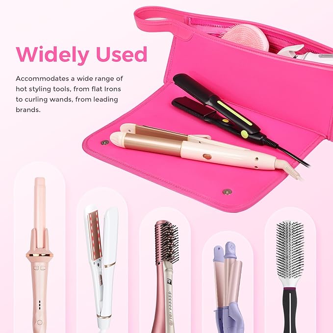 Hair Tools Travel Bag and Heat Resistant Mat, 2 in 1 Portable Organizer Hair Travel Case for Curling Iron, Hair Straightener, Flat Irons, PU Hangable Handle, Neoprene (Vibrant RoseRed)