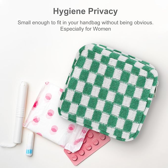 Sanitary Napkin Storage Bag, Menstrual Pad Zipper Bag Checkered Portable Period Bag Panty Liners, Tampon Storage Pouch for Women Ladies Daily Use Storage Purse Travel