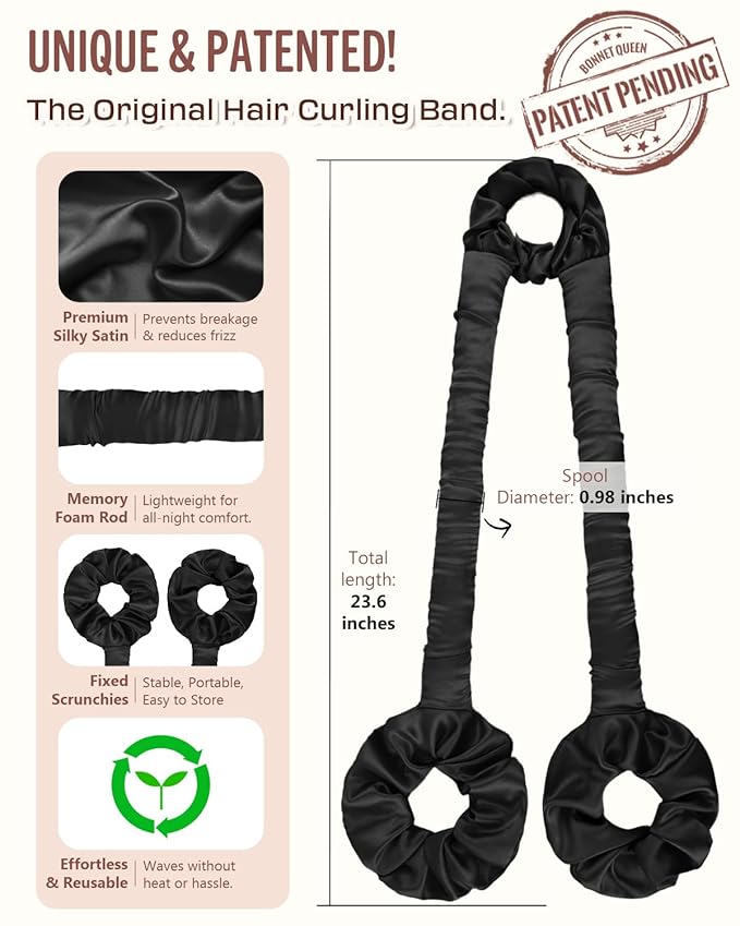 BONNET QUEEN Heatless Hair Curler for Heatless Curls Overnight, All-in-One Sleepy Tie Satin Curling Rod, Hair Curlers to Sleep In, Overnight Blowout Rods, Hair Rollers for Women Long Hair, Black