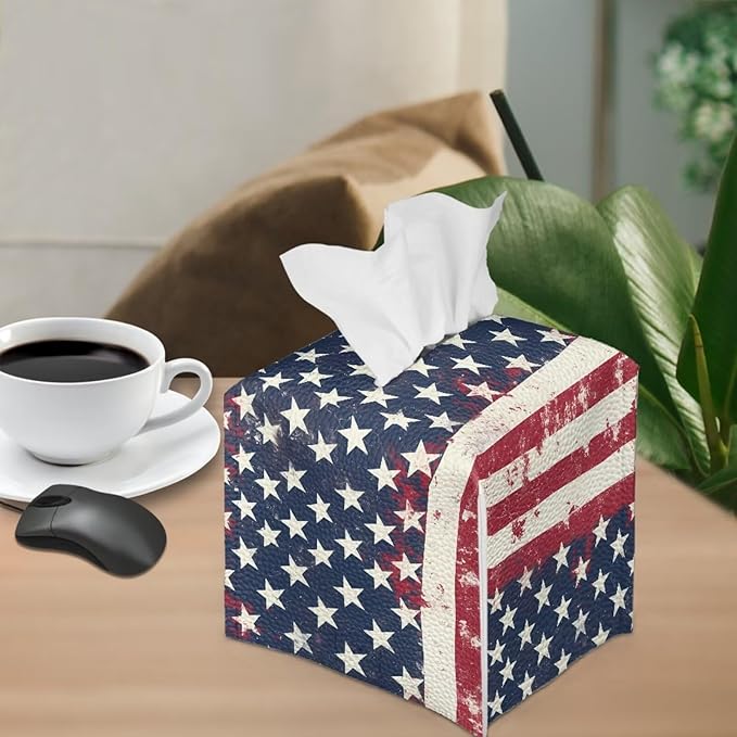 American Tie Dye Minimalist Tissue Box Holder, Square PU Leather Napkin Organizer with Secure Metal Button, Waterproof and Stain-Resistant Tissue Cover for Home, Kitchen, and Automotive Use