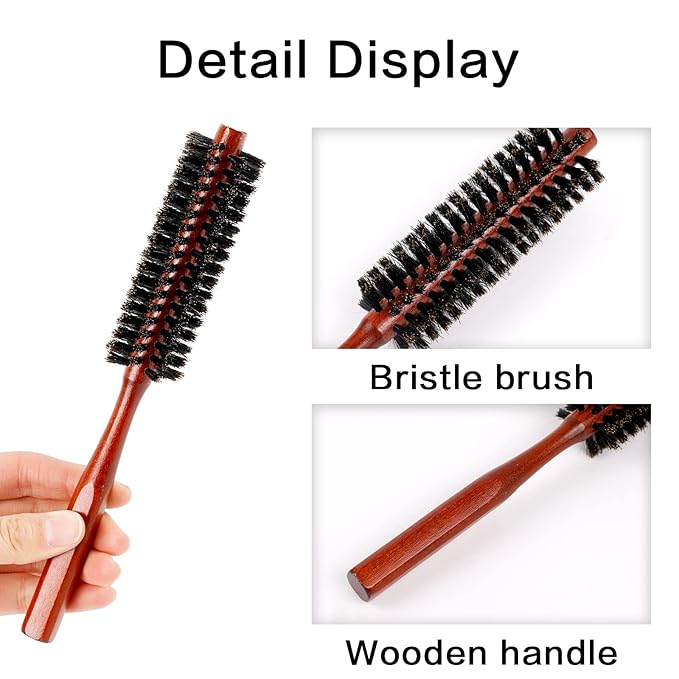 Small Boar Bristle Hair Brush, Portable Round Natural Bristle Travel Brush with Wood Handle for Thin or Short Hair, Adding Volume, Mini Beard Brush for Men