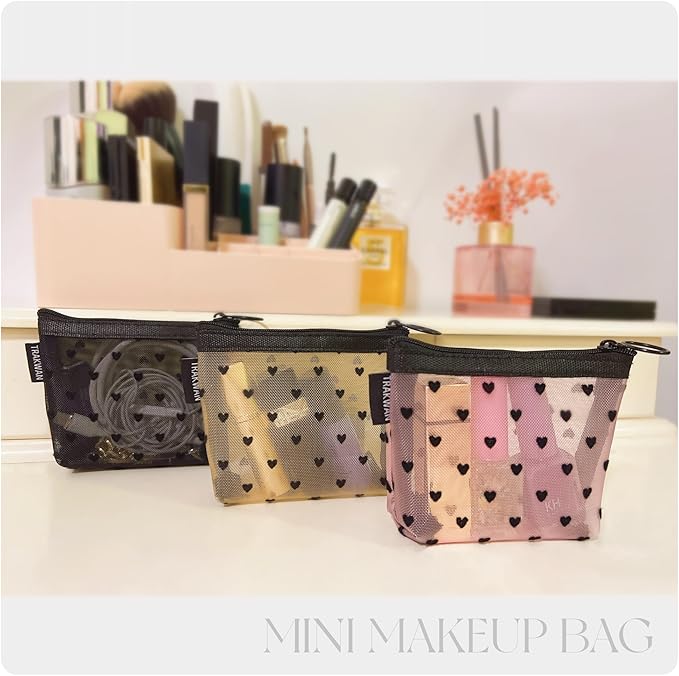Mini Mesh Heart Makeup Bag Set, Mesh Cosmetic Bags with Zipper, Makeup Lipstick Cosmetic Accessories Organizer Bag, Mesh Pouch for Travel (Multicolor-6pcs)