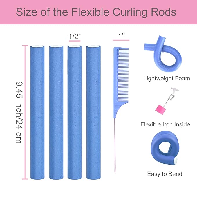 36 Flexi Rods Hair Rollers, Flexible Foam Curling Rods for Long & Short Hair Twist - No Heat Bendy Rollers with 2 Steel Pintail Combs