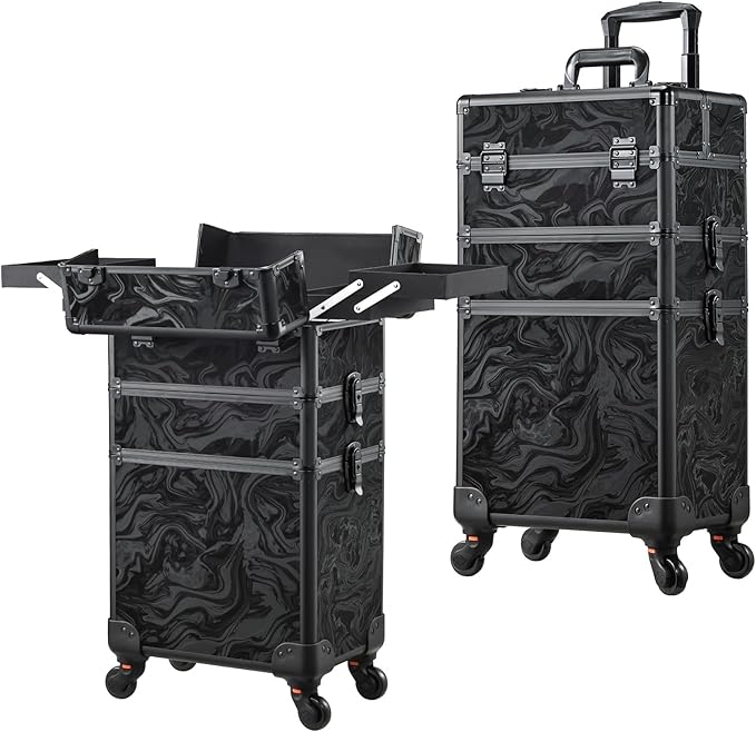 FRENESSA 3 in 1 Rolling Makeup Train Case Professional Cosmetic Trolley Large Storage with Keys Swivel Wheels Salon Barber Case Traveling Cart Trunk for Make Up Hairstylists Nail Tech, Alpine Black