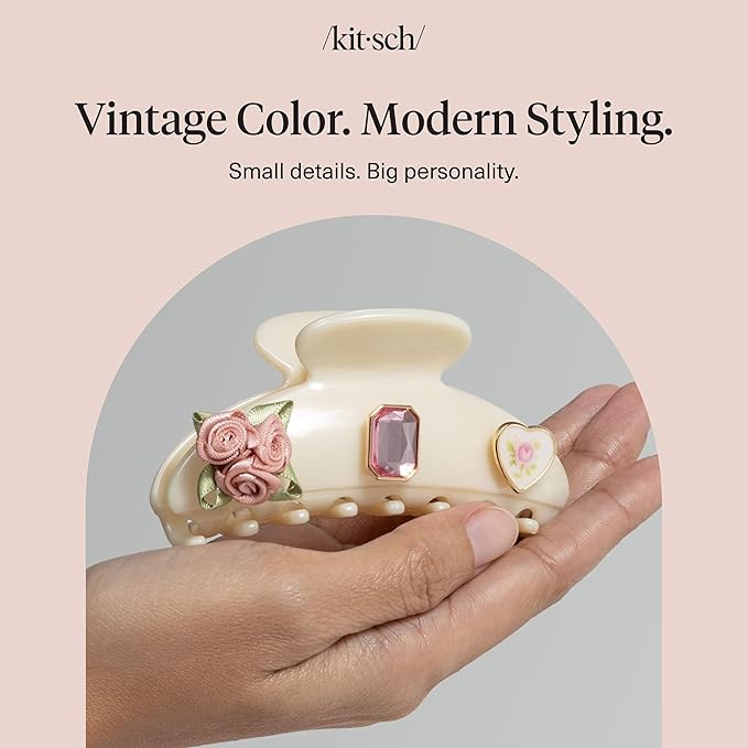 KitschPop ™ Hair Clips For Women with Charm Sets -Customizable Curved Claw Clip With Interchangeable Collectible Cute Charms | Ideal Gifts For Women - Vintage - Pearlized Cream, 7pcs Set