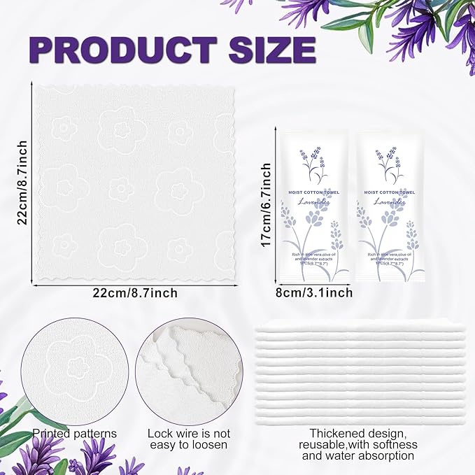 Moist Cotton Towel Bulk Moist Towelettes Individually Wrapped,White Towel Services,Refreshment Pre Moistened Towels for Dentist Travel Sport Party Hotel 50，Lavender