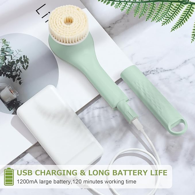LINGSFIRE Electric Body Bath Brush, Rechargeable Back Scrubber for Shower, Long Handle Exfoliating Bath Brush for Shower, Lotion Applicator for Back, Silicone Body Scrubber with 6 Shower Brush Heads